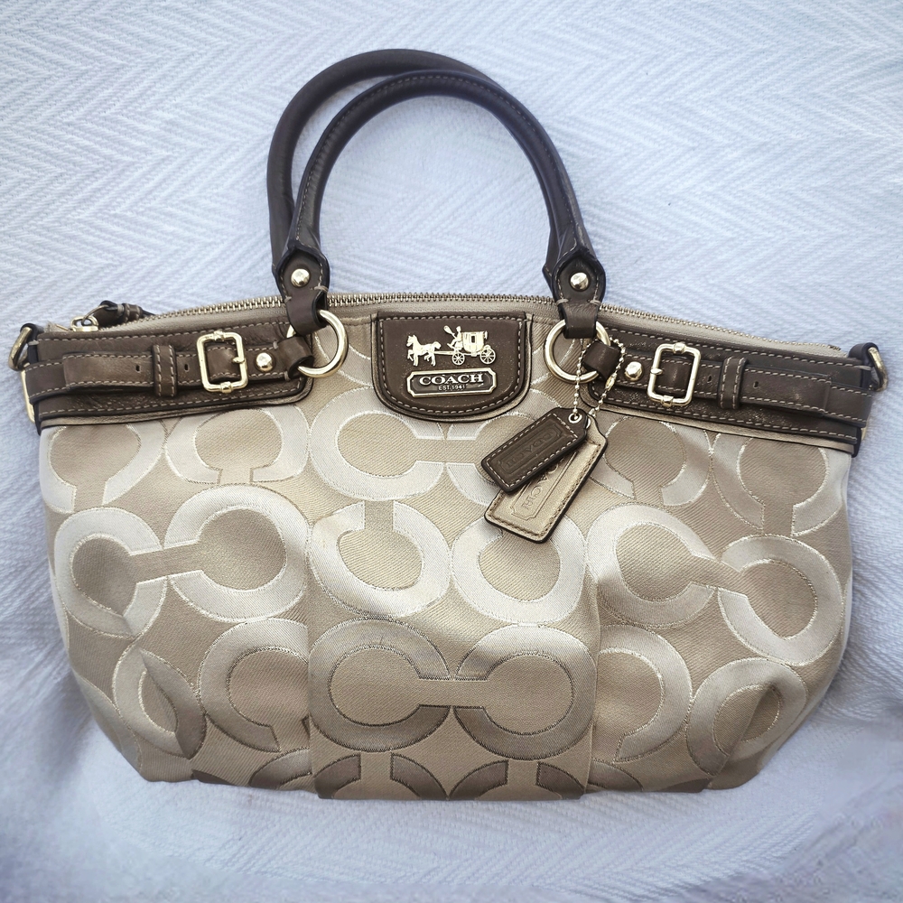 Coach Cream and Brown Signature Satchel with Leather Accents